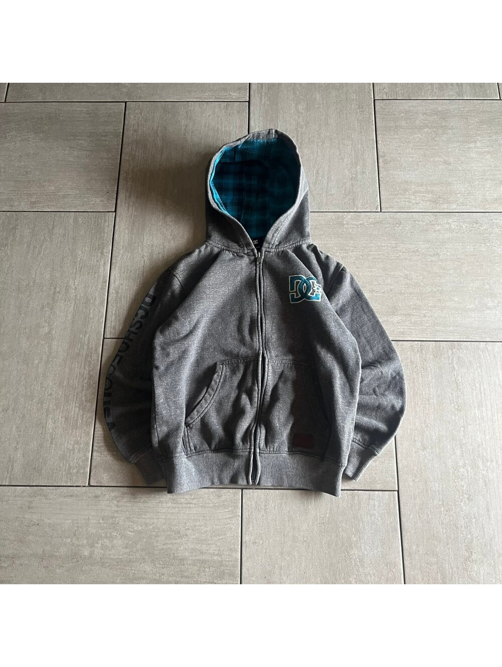 DC Gray Zip-Up Hoodie with Blue Plaid Lining S